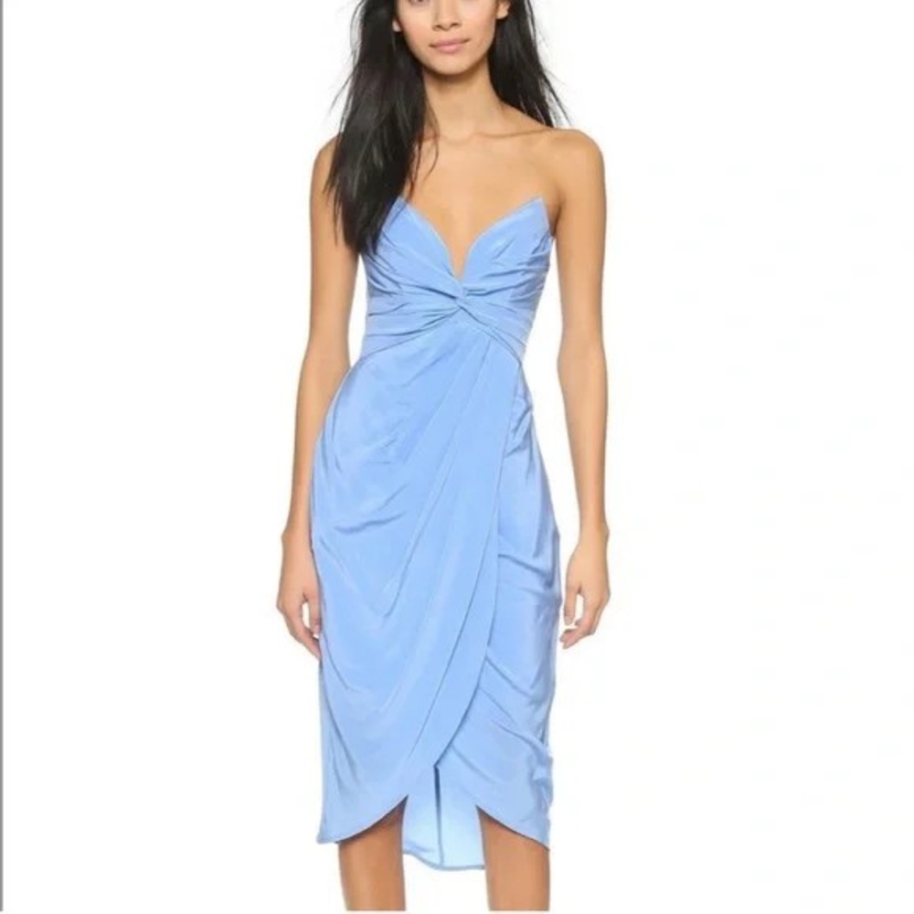 Zimmermann 100 % silk petal twist Elegant Strapless midi Dress baby blue glacier